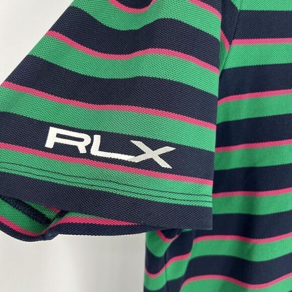 RLX Ralph Lauren Polo Shirt Size Medium Mens Navy Green Pink Golf Striped Wick - Picture 4 of 8